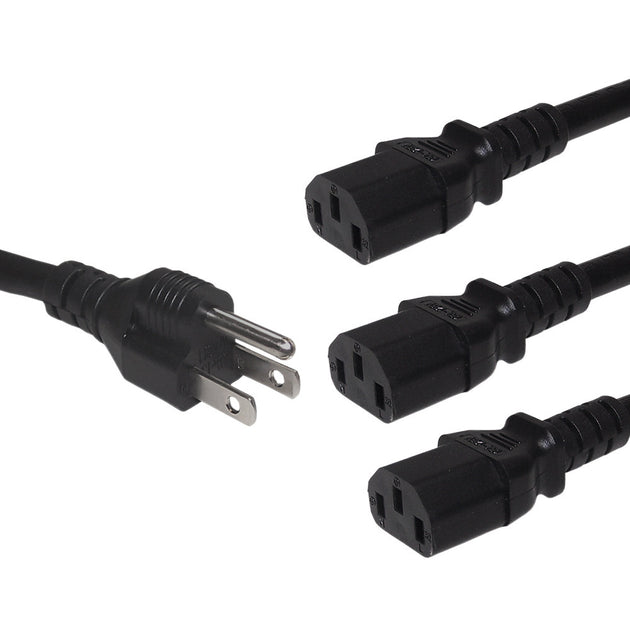 NEMA 5-15P to 3 x IEC C13 Power Splitter Cable - 16AWG SJT