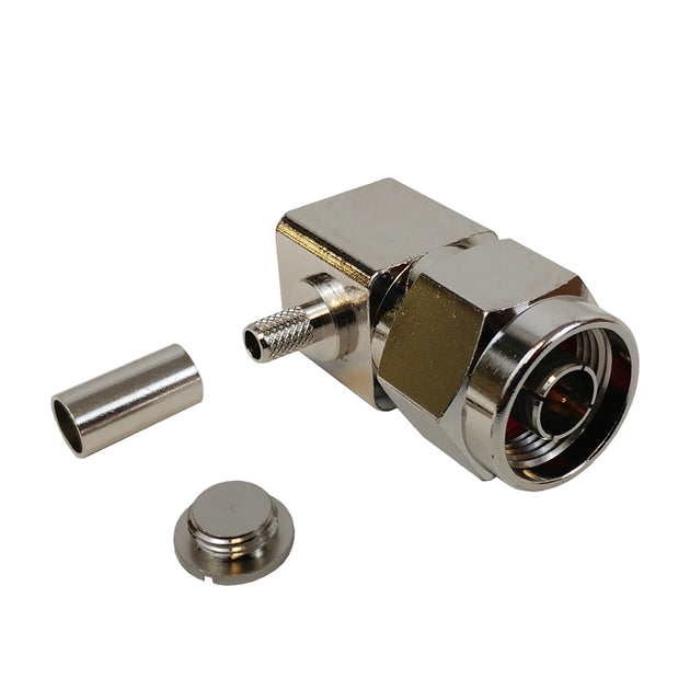 CableChum® offers the N-Type Right Angle Male Crimp Connector for RG58 (LMR-195) 50 Ohm