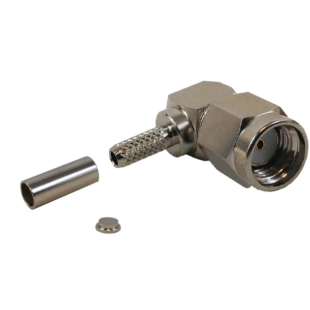 CableChum® offers the SMA Reverse Polarity Male Right Angle Crimp Connector for RG174 (LMR-100) 50 Ohm