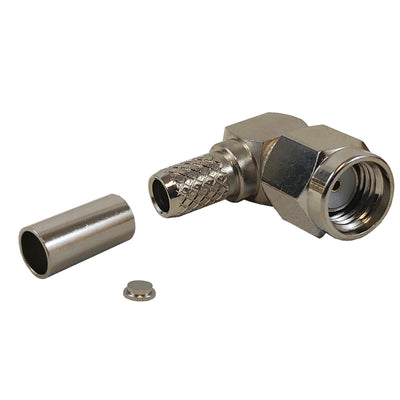CableChum® offers the SMA Reverse Polarity Male Right Angle Crimp Connector for RG58 (LMR-195) 50 Ohm