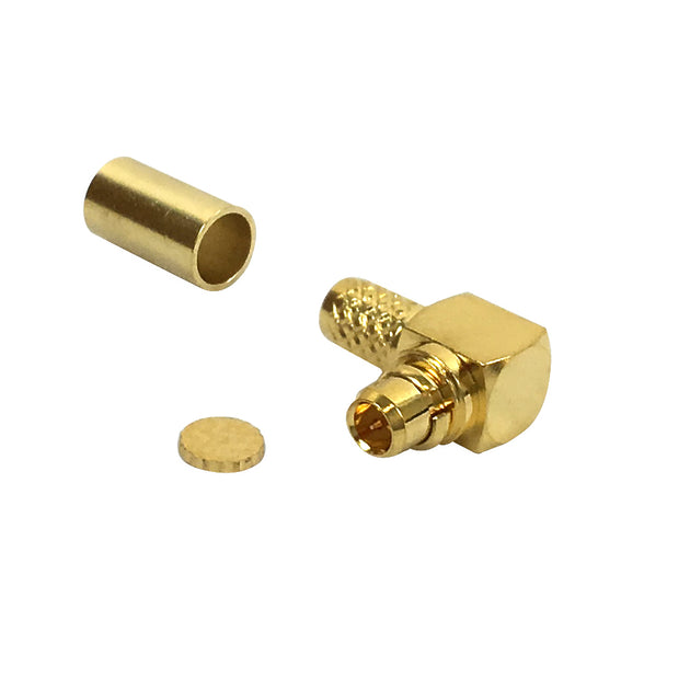 CableChum® offers the MMCX Reverse Polarity Male Right Angle Crimp Connector for RG174 - 50 Ohm
