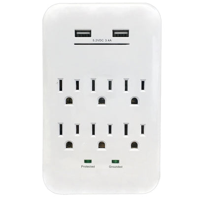 6 Outlet Power Tap - 1200J Surge protection, 2 Fast Charge USB Port - White