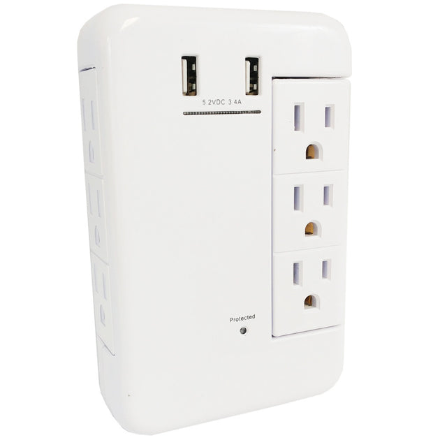 6 Outlet Swivel Power Tap - 1200J Surge Protection, 2 Fast Charge USB Ports - White