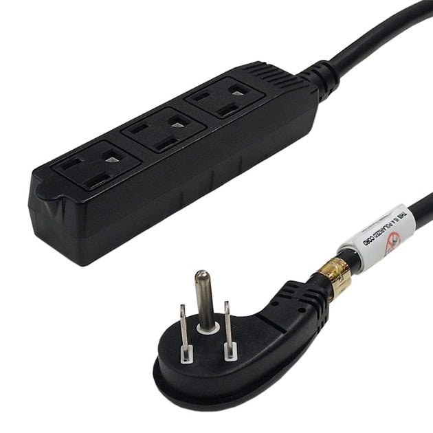 This CableChum® power cord consists of a 45 degree 5-15P male on one end and a power tap that consists of three 5-15R female on the other end. black